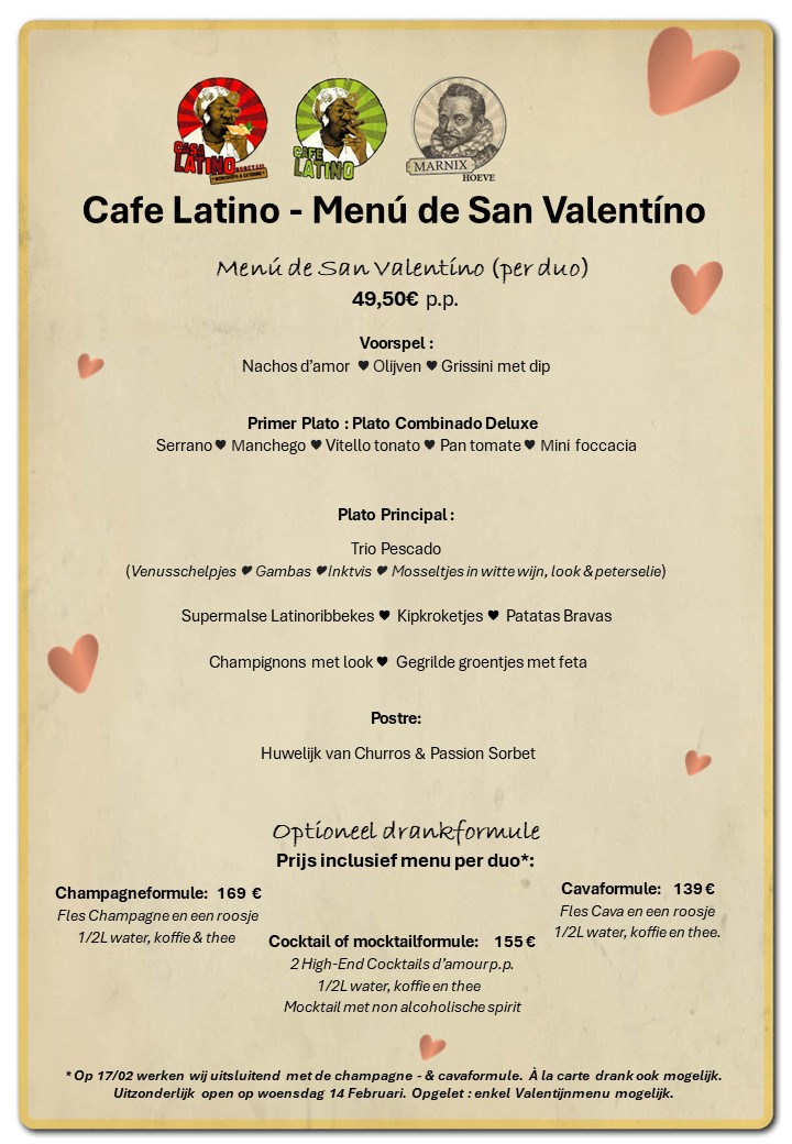 Valentijnsmenu Cafe latino 